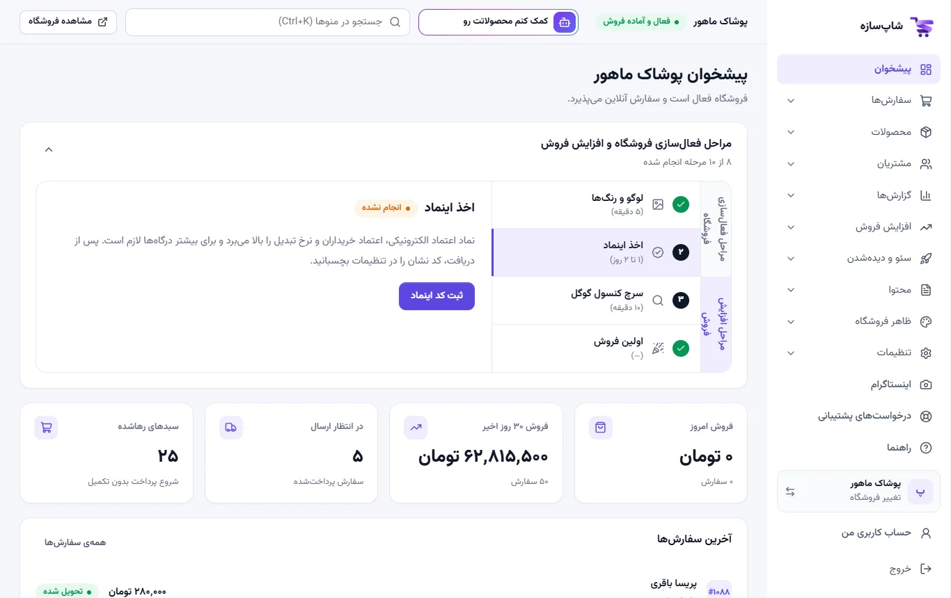 نمای پیشخوان پنل مدیریت فروشگاه